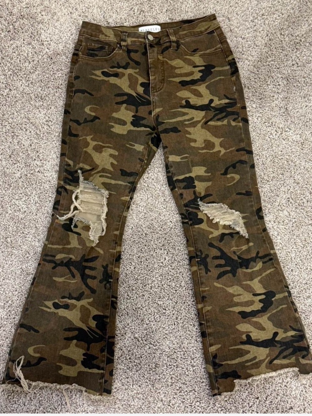 Camo Distressed Flare Jeans - Alt Grunge Raw Hem Stretchy